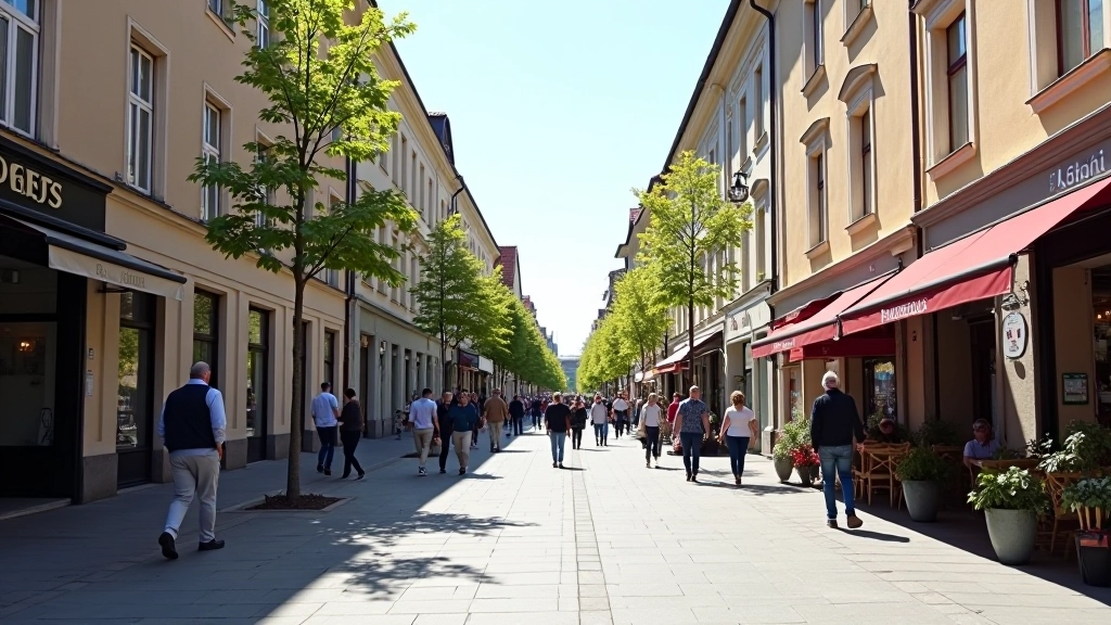 Basanavičiaus gatvės šaligatviai Palangoje su pėsčiaisiais ir parduotuvėmis